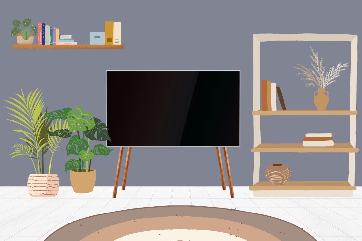 A graphic showing a tv with legs instead of a tv stand, with plants to the left, and shelving to the right 