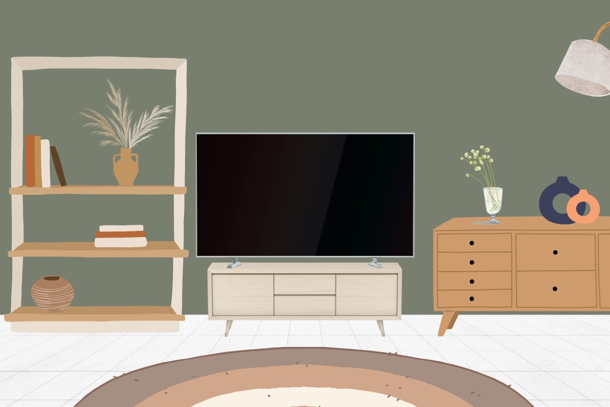 A graphic showing a tv on a tv stand, with drawers to the right and shelving to the left.