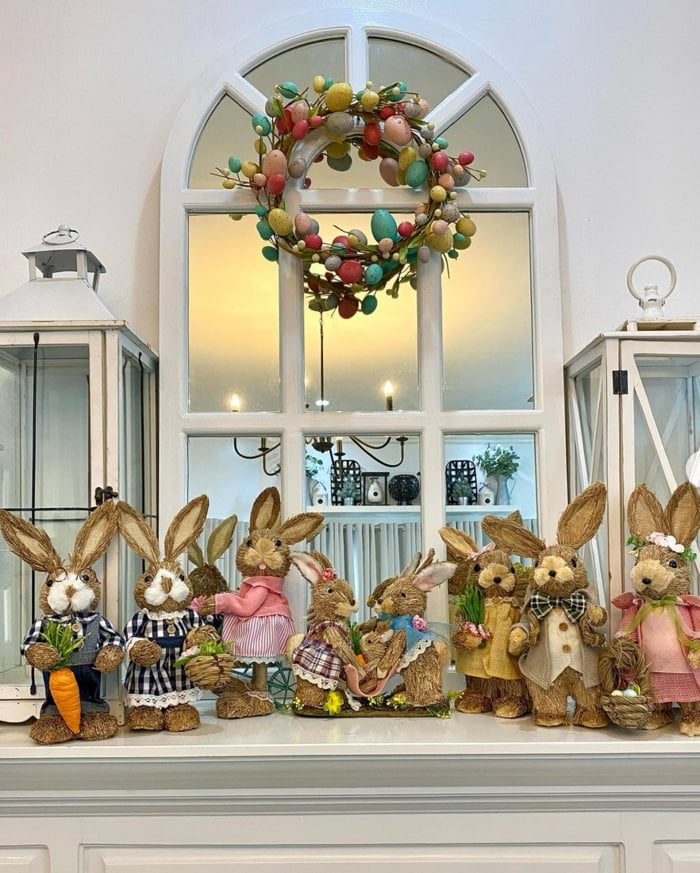 Collection of easter bunnies on top of mantel