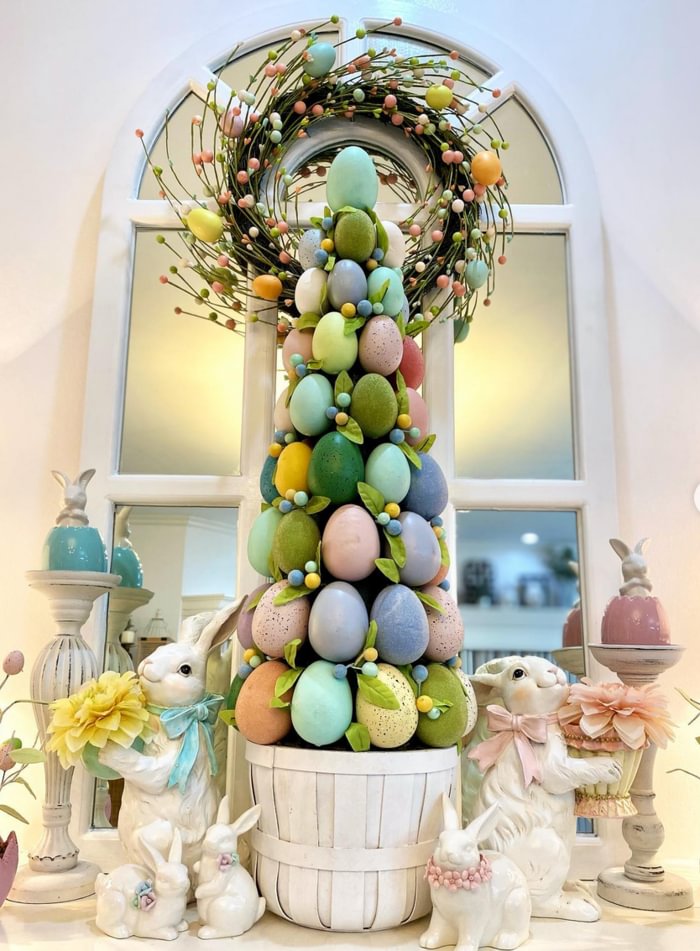 Multicolored easter egg tree decoration with wreath