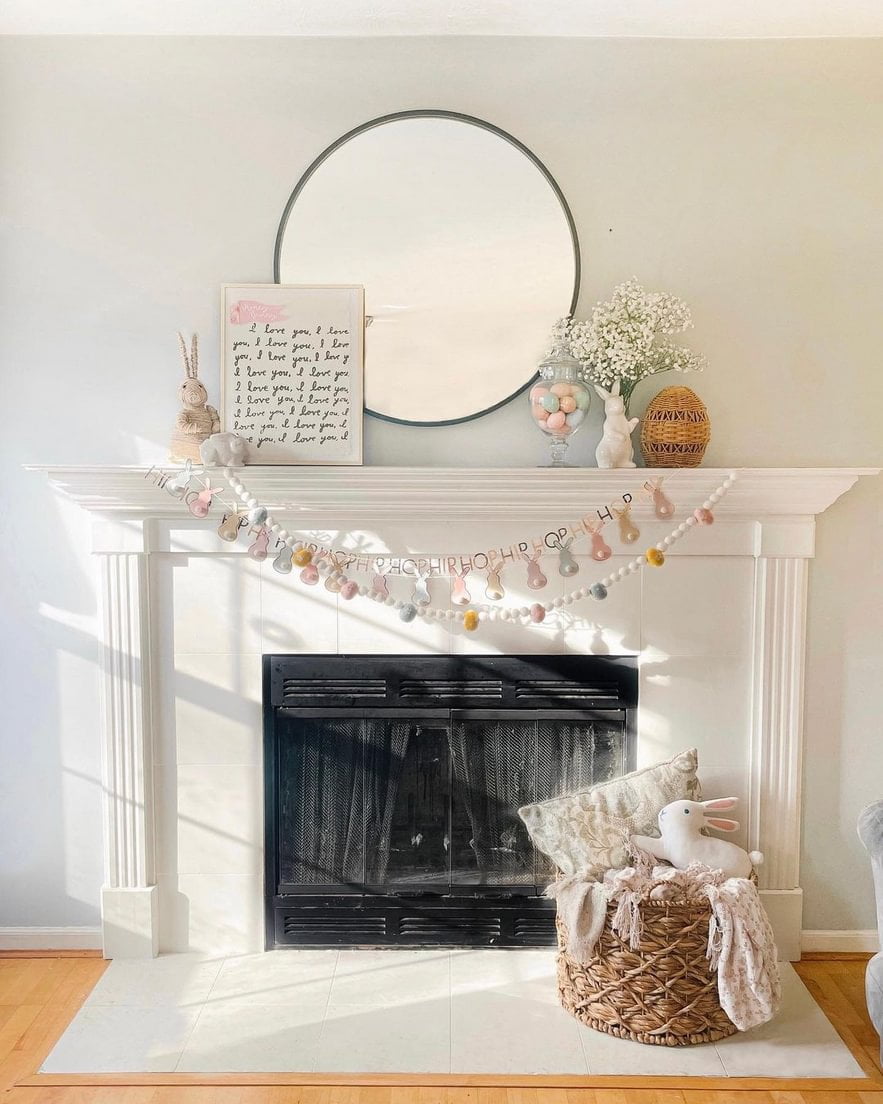 Large white fireplace with easter decoration surrounding and on mantel