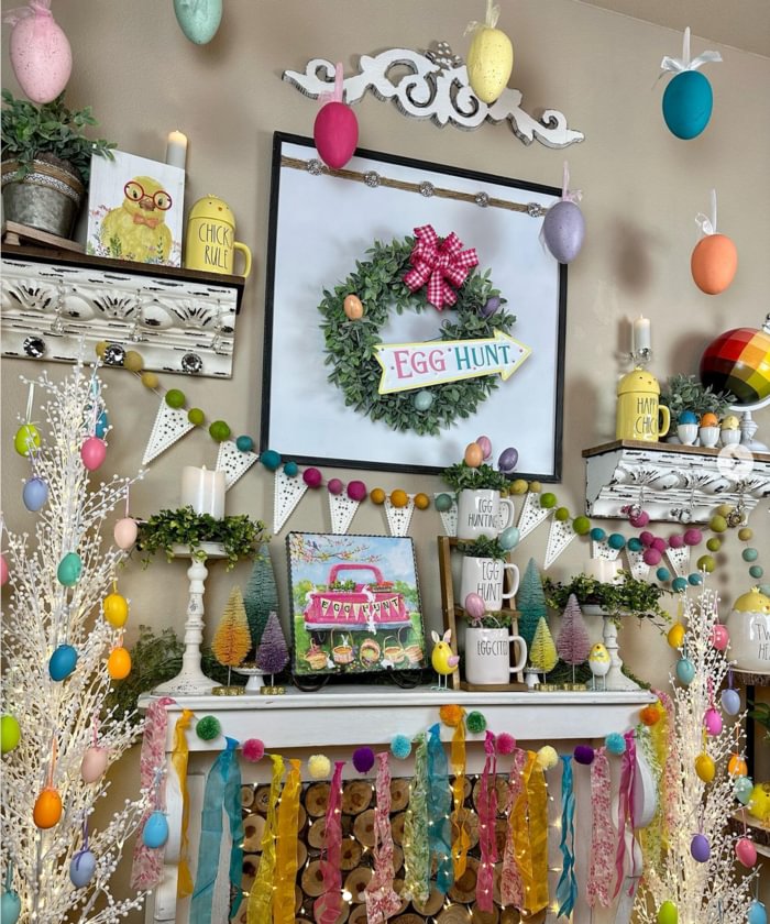 Bright colorful easter decor on mantel with easter wreath