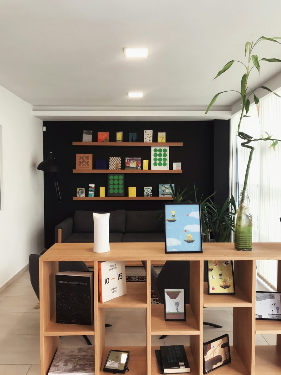 Wooden shelving in a living room