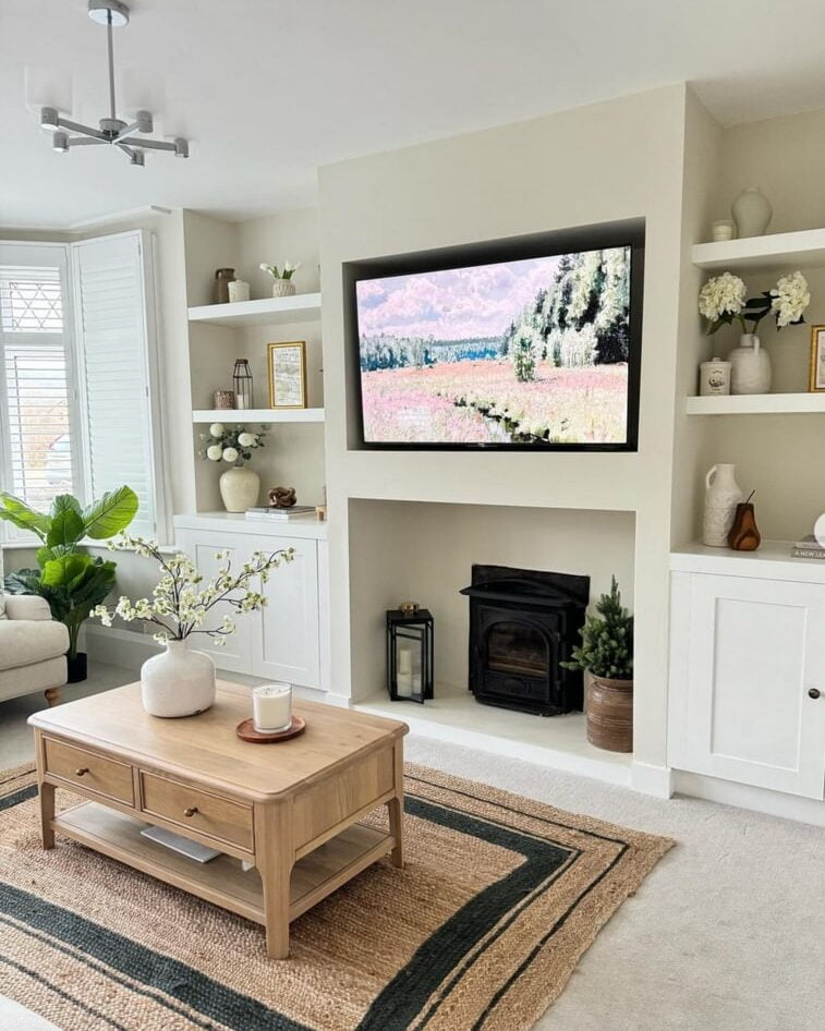 Neutral living room with media wall, natural rug and coffee table