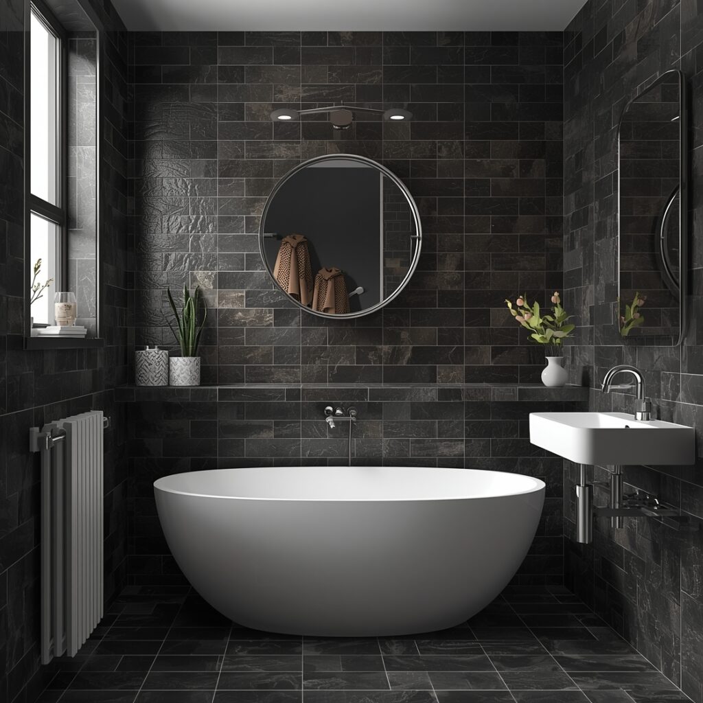 dark tile bathroom