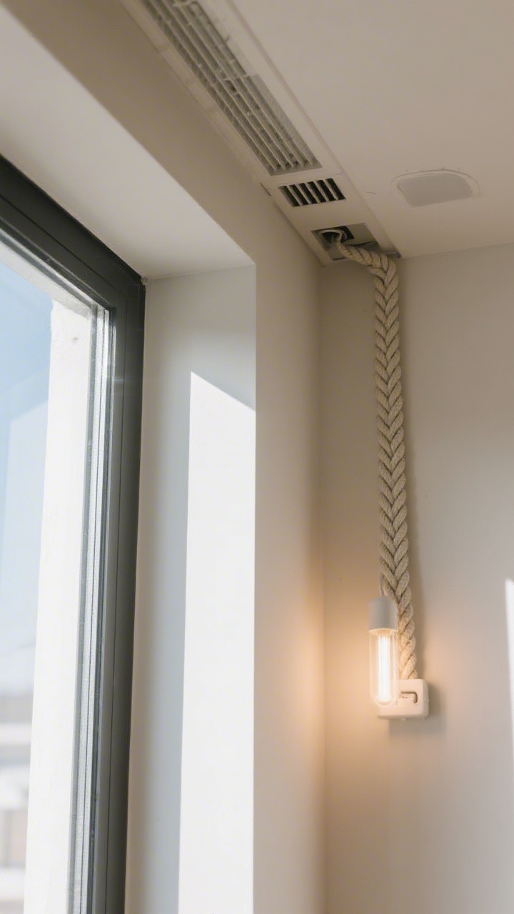 Clean, bright daylight from a nearby window, corner angle, textures of braided cord, plastic router vents, and warm glow from efficient bulbs.