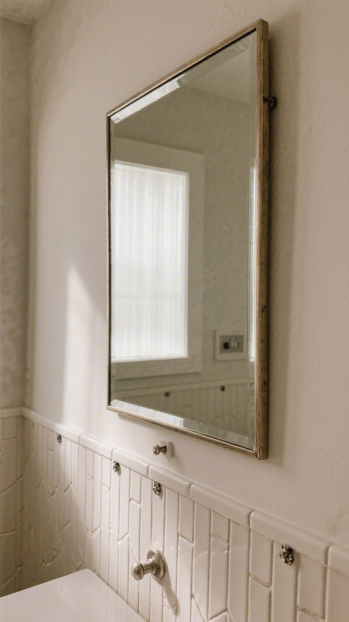 Closeup detail: A mirror hung over a beadboard or tile feature wall, shot at a slight corner angle to show layering; proper tile anchors and a clean gap around the mirror frame for easy cleaning; proportions of the mirror echo the tile pattern for harmony; soft, indirect light emphasizes contrast between textured surface and reflective glass.