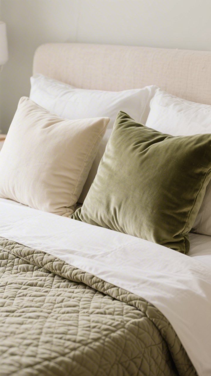 Closeup detail: Layered, washable cozy textiles on a neatly made bed—performance velvet pillow covers in cream and muted sage, two pillow sizes for symmetry, a matelassé or quilted cover adding texture, and a duvet with a removable cover. Soft, tactile lighting highlighting the weave, photorealistic.