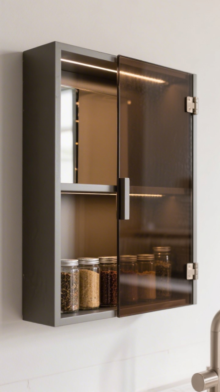 Closeup/medium detail: A shallow, wall-mounted spice cupboard with a mirrored door, recessed into the wall for a sleek, integrated look; the mirror is smoked bronze glass to hide fingerprints, and the cabinet features soft-close hinges; door slightly ajar revealing neatly arranged spice jars; gentle ambient lighting glints off the tinted surface.