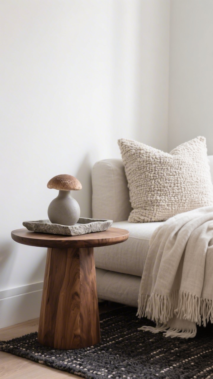 Detail closeup: A layered neutral vignette—white walls paired with textured boucle pillow, linen throw, warm oak side table, and a stone tray; soft contrast via mushroom and greige ceramics; a darker charcoal flatweave rug grounding the scene; gentle daylight grazing textures.