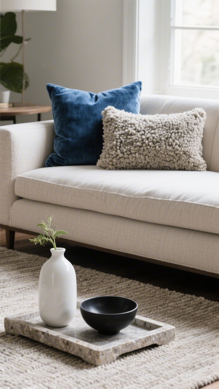 Detail closeup: A layered texture vignette on a sofa corner—linen seat cushion, a lush denim-blue velvet pillow, and a nubby boucle lumbar; in the foreground, a honed stone tray on the putty rug holds a glossy white ceramic bud vase and a matte black bowl; flatweave/low-pile rug reads tailored; diffuse window light raking across surfaces to emphasize texture contrast; tight composition, photorealistic texture emphasis.