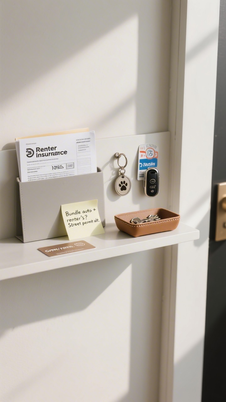 Detail closeup: A minimalist entryway shelf with a renter’s insurance policy folder ($10–$25/mo) beside a key fob, a parking garage pass, a pet tag with a tiny paw charm labeled “pet rent,” and a slim amenity card for gym/rooftop. Overhead shot, morning light, photorealistic materials—matte paper, brushed metal keyring, soft leather key tray, and a small sticky note reading “Bundle auto + renter’s?” and “Street permit alt.”