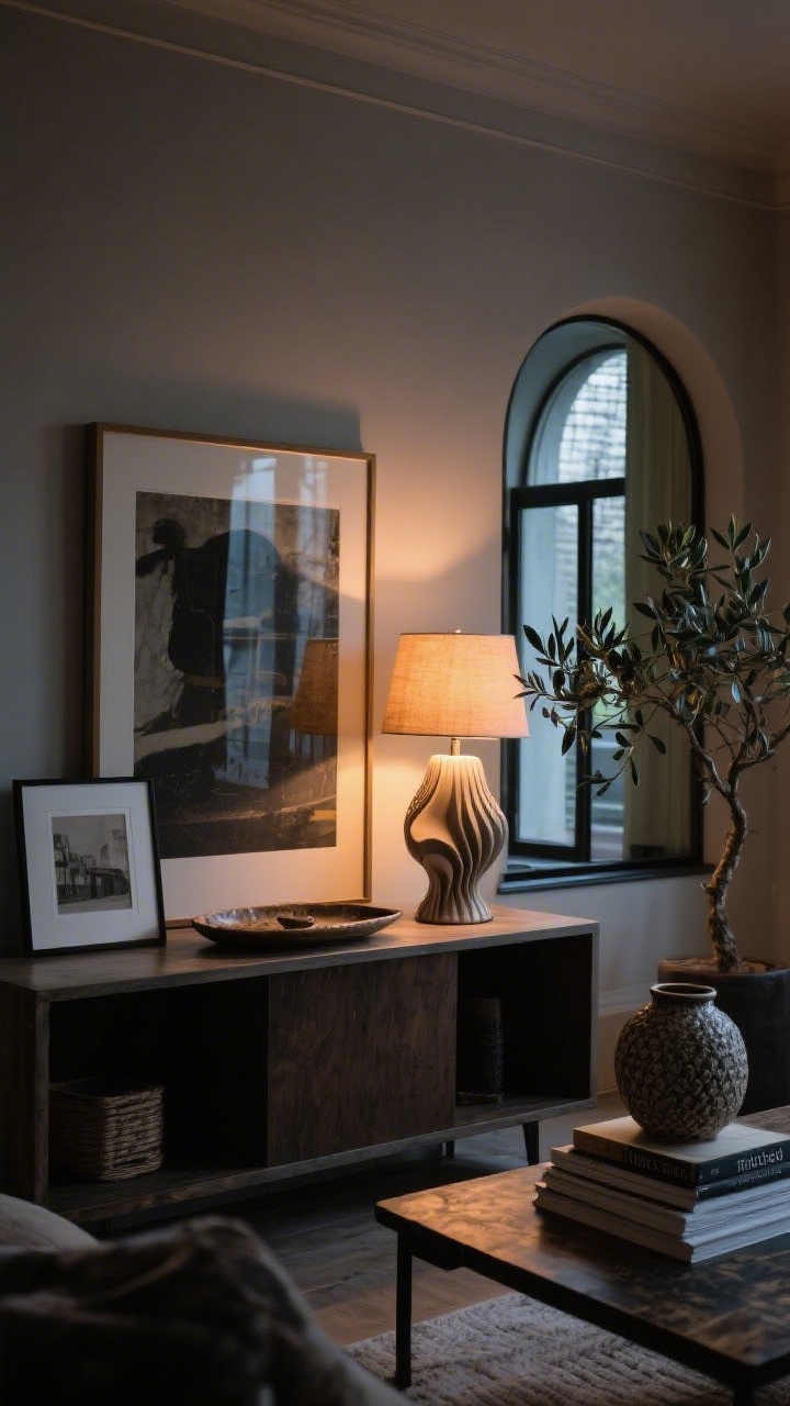 Detail closeup of the “finished” factor: a sculptural accent lamp with warm glow on a console, a large framed art print with oversized mat paired with a smaller print leaning beside it, a tall arched mirror catching window light to visually expand the room, a ceramic tray with a textured vase and a stacked coffee table book, and a small olive tree (real or faux) nearby; moody, cozy evening lighting emphasizing reflections and layered textures