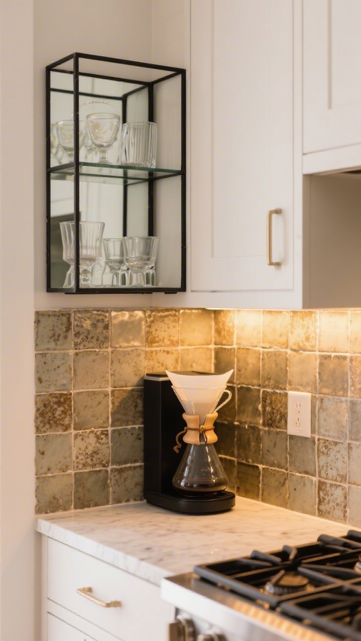 Detail/medium shot: A coffee station nook with a partial mirrored backsplash panel framed in thin matte black metal trim, reflecting pretty glassware and a pour-over carafe; the mirror uses antiqued tiles that subtly hide fingerprints and add texture; kept away from the main cooktop splatter zone; warm under-cabinet lighting adds depth and shimmer.