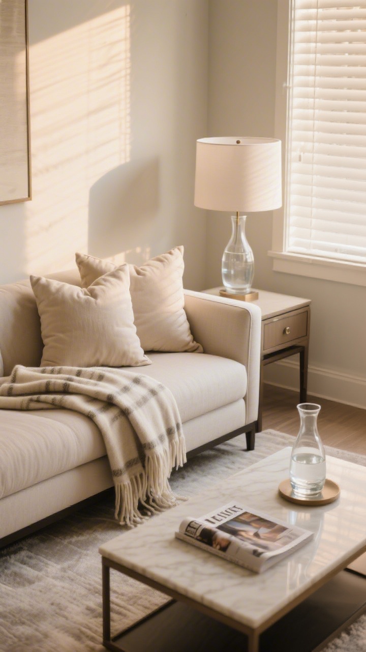 Detail/overhead hybrid: Photo-ready styling—angled throw on a loveseat, puffed pillows, a folded throw on the sofa, a carafe of water on the nightstand, and a magazine on the coffee table; blinds half-open for dreamy, consistent warm light. Chest-height camera perspective implied by balanced angles; no people, photorealistic.