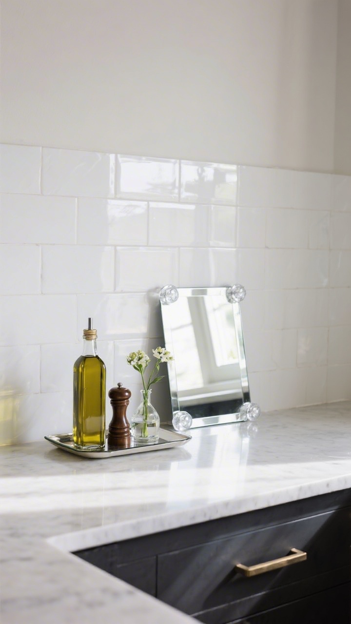 Detail shot: A countertop ledge with a small rectangular mirror leaning safely against a backsplash, secured with clear non-slip bumpers/museum putty; a mirrored tray behind an olive oil bottle, pepper mill, and a tiny bud vase creates a styled vignette; reflections add sparkle and depth; natural midday light with crisp highlights, no drilling required.