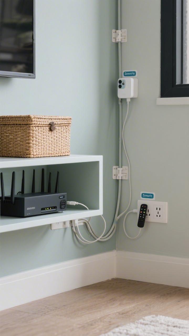 Detail shot, straight-on: Tech invisibility corner—paintable cord channels matching the wall color routing TV cables, adhesive cord clips guiding a phone charger along the back of a console, and a woven lidded box concealing a router and power strip. Discreet labels on smart plugs and remotes. Clean, organized, photorealistic.