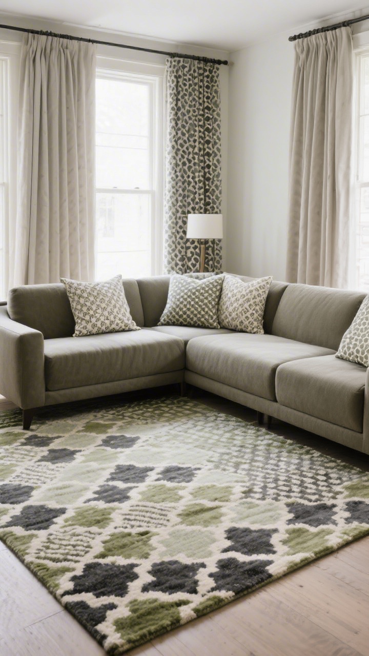 Medium composition: Pattern-mixing done right—a hero patterned rug in muted sage and charcoal anchors the room, supported by solid sofa upholstery and small-scale patterned pillows in a shared palette; neutral drapes frame the scene; daylight illumination, balanced and calm with three distinct pattern scales.
