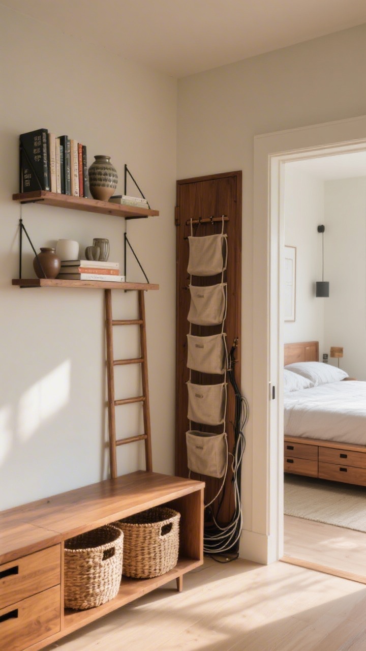 Medium corner angle of storage that doesn’t scream storage: an entry bench with drawers and woven baskets beneath, a closed-door media console in warm wood concealing cables, a ladder shelf styled on top with books and ceramics while the lower shelves hide baskets, closet door ajar showing a simple hanging system with fabric bins, and a platform bed with visible under-bed drawers; vertical emphasis, clean lines, matte finishes, and warm afternoon light creating tidy, designer-level organization
