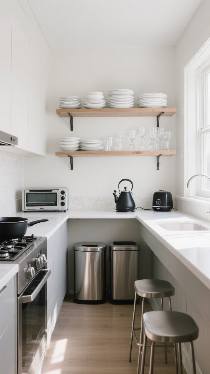 Medium kitchen vignette: compact, light-filled galley setup with open shelves holding stackable white dishware and clear glassware (service for four), a sleek stainless or matte black cookware set nested on the stove, two slim counter stools at a peninsula, a brushed steel trash/recycling duo tucked neatly, and two small appliances—matte black kettle and compact toaster oven/air fryer—on a minimal countertop; straight-on shot with bright, natural daylight and crisp, functional styling