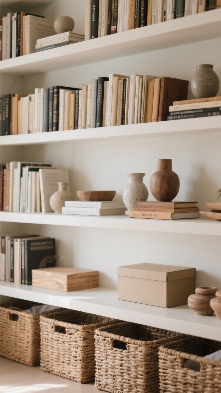 Medium shelf closeup: Open shelving styled to a 60/30/10 balance—60% neatly arranged books (grouped by spine tone), 30% decor objects in ceramic and wood, 10% intentional negative space; woven baskets and closed boxes on the bottom shelf to hide clutter; calm, organized look with diffuse daylight.