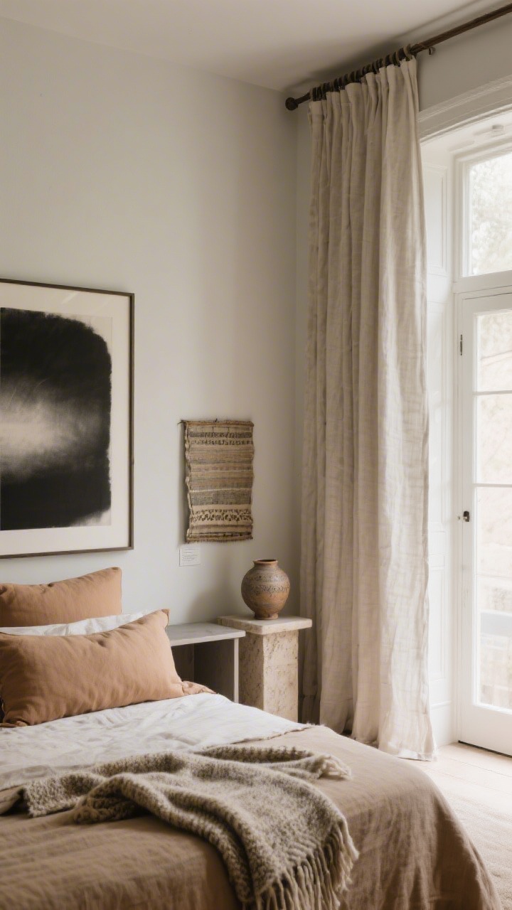 Medium shot: A calm gallery corner with “quiet art” and elevated textiles—large-scale print with generous negative space (moody monochrome) leaned on a console; a framed vintage textile on the wall; a small pedestal displaying a single handmade ceramic piece; floor-to-ceiling unlined linen window panels on a ceiling-height rod hung wide to enlarge the window; a linen duvet in warm neutral with oversized pillows and a textured wool throw draped at the foot visible through a doorway; natural fibers dominate, tone-on-tone palette, soft side light.