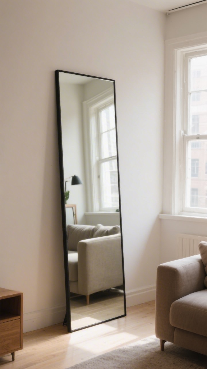 Medium shot: A clean-lined, floor-length mirror with a thin black frame placed directly opposite a bright window, bouncing soft natural light across a compact living room. Slight angle to reduce glare, no other mirrors visible. Warm daylight, neutral walls, reflective glow without hotspots, photorealistic.