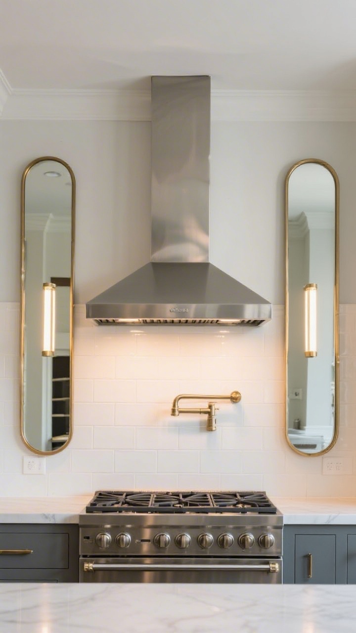 Medium shot: A polished kitchen range wall with a stainless hood centered between two slim, narrow mirrors with matching brushed brass frames that coordinate with the faucet and cabinet hardware; the mirrors are set a few inches away from the high-heat zone, reflecting task lights and adding symmetry; soft warm task lighting creates gentle highlights on tile and metal; clean, intentional composition.