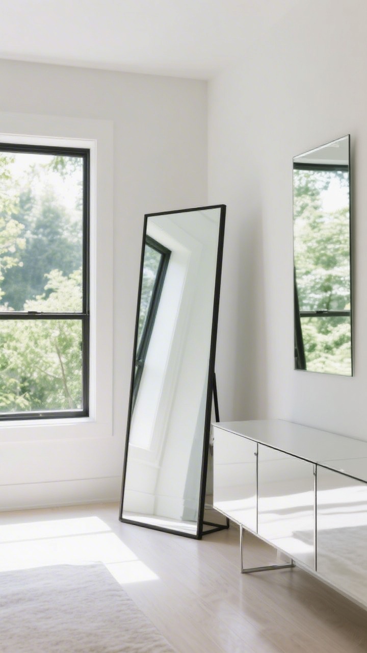 Medium shot: A tall floor mirror placed opposite a window, reflecting greenery and daylight deeper into the room; an additional wall mirror adjacent to the window for extra bounce; subtle mirrored cabinet fronts along a low credenza used sparingly; crisp, luminous ambiance without glare.