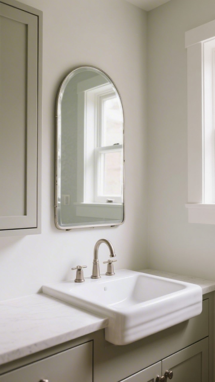 Medium shot: A windowless sink wall with an arched mirror mounted over a farmhouse sink, slightly tilted forward to bounce light from adjacent sources; the frame is water-resistant with an easy-clean finish, anti-fog sheen visible; soft reflections brighten the cleanup zone, and the mirror’s capsule shape gently contrasts straight cabinet lines; calm, functional, and inviting.