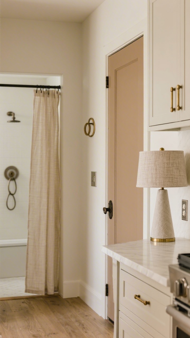 Medium shot: Entry console and adjacent kitchen cabinet touchpoints upgraded—satin brass cabinet pulls on putty-painted drawers, a streamlined blackened bronze door lever on a camel-toned door, and screwless metal switch plates in brushed nickel aligned on a bone wall; a weighted linen shower curtain glimpsed through an open bath door with substantial rings on a straight rod; a heavier textured linen lampshade on a simple table lamp adds tailored polish; clean, edited scene with soft warm lighting, angled perspective from hallway height.