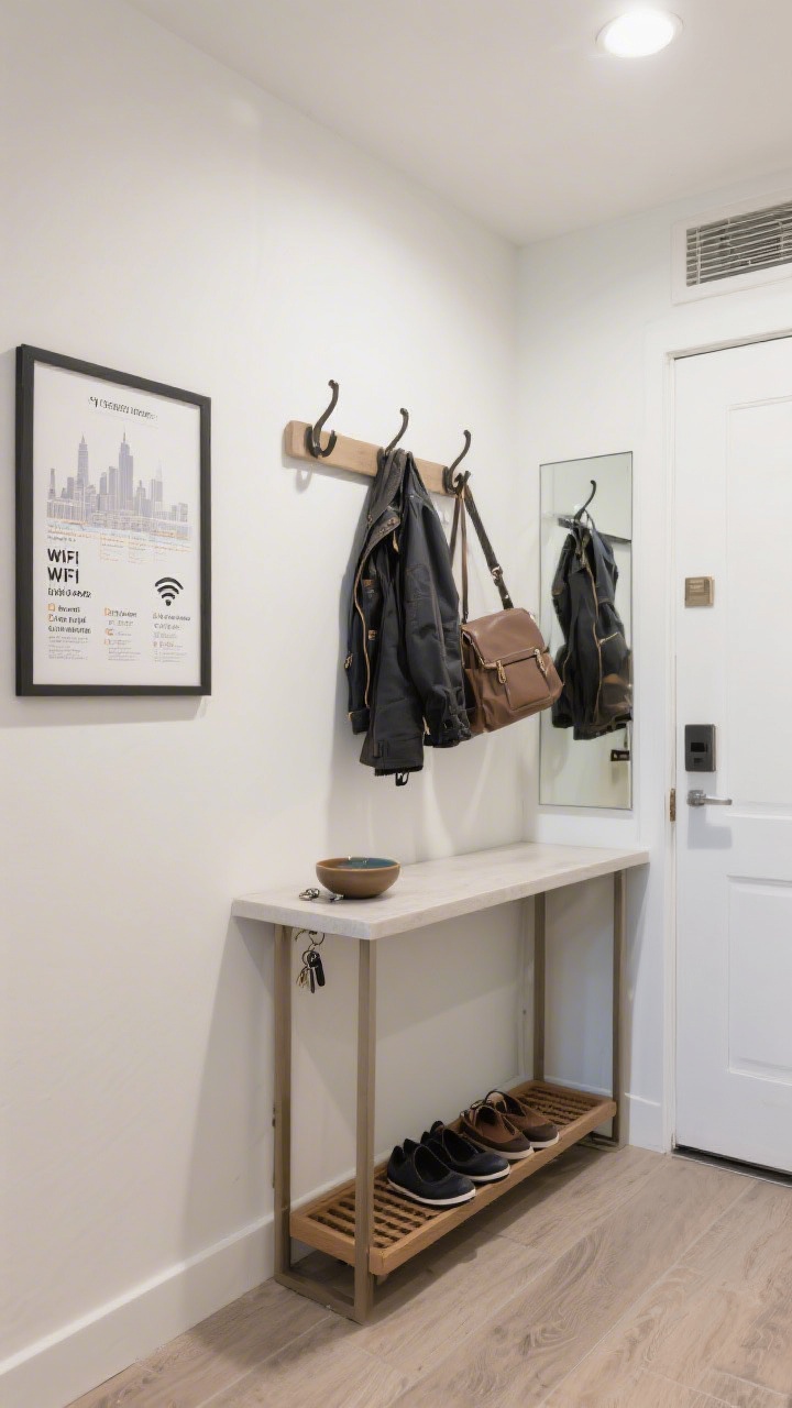 Medium shot: Hotel-style entry—sturdy double-height hooks for jackets and bags, a narrow console with a tiny bowl for keys, a simple mirror for last looks, and a shoe tray beneath. A framed city cheat sheet on the wall listing Wi-Fi, best coffee, late-night eats. Bright, welcoming lighting, photorealistic.