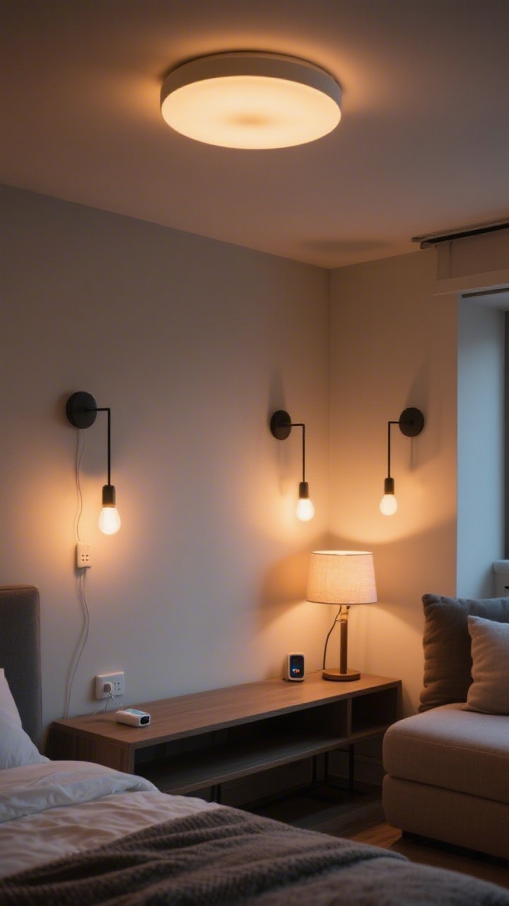 Medium shot: Layered lighting in a small living area—simple flush-mount ceiling fixture with warm 2700K LED glow, plug-in wall sconces flanking the bed, and a table lamp on a console triggered by a smart plug. All lights on dimmers, consistent warm color temperature throughout. Evening ambiance, boutique vibe, photorealistic.