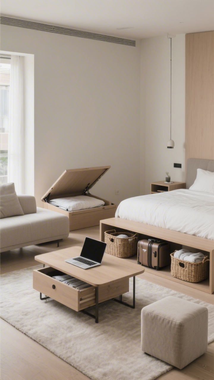 Medium shot: Multipurpose living zone featuring a coffee table that lifts to laptop height with hidden storage (top slightly raised to reveal spare bedding), a storage ottoman cube doubling as extra seating, and a tidy bench at the bed’s foot with baskets for luggage and linens. Neutral palette, functional yet stylish, photorealistic.