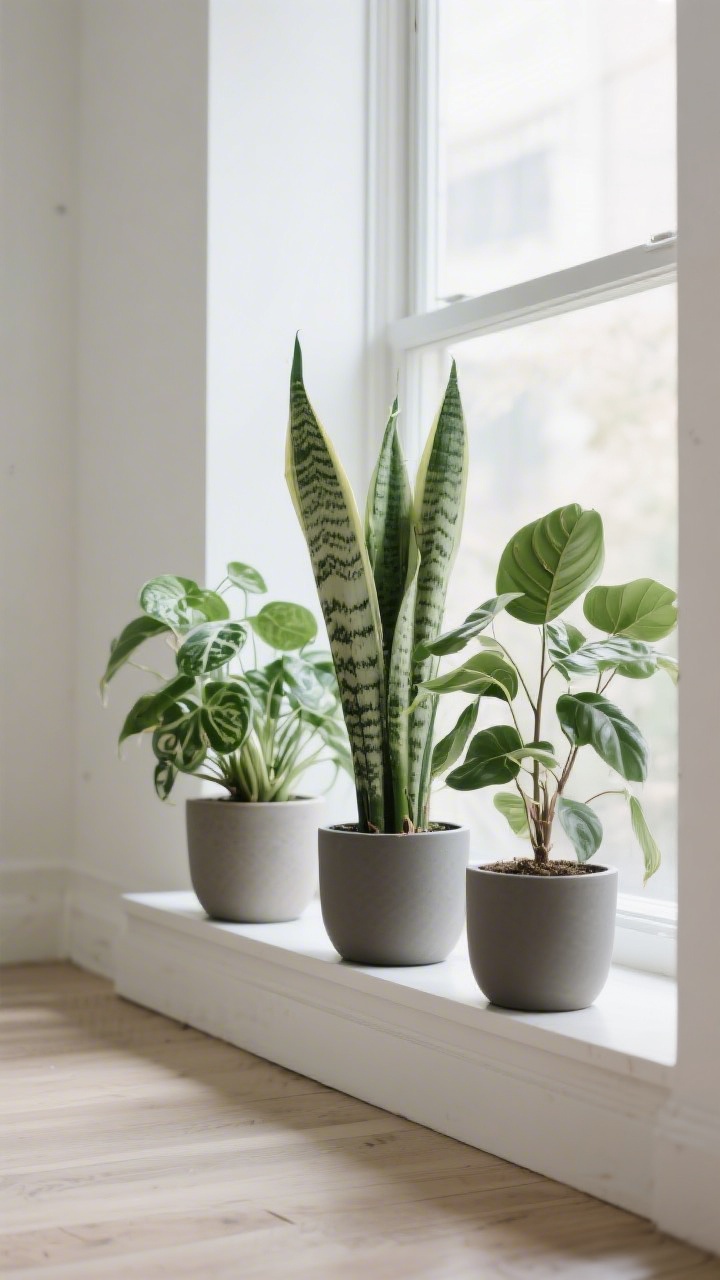 Medium shot, natural light: Low-maintenance greenery—two to three medium snake plants, pothos, and a ZZ plant in matching matte planters grouped across a windowsill and floor. Cohesive arrangement, tidy leaves, softening the space without clutter. Clean, photorealistic.