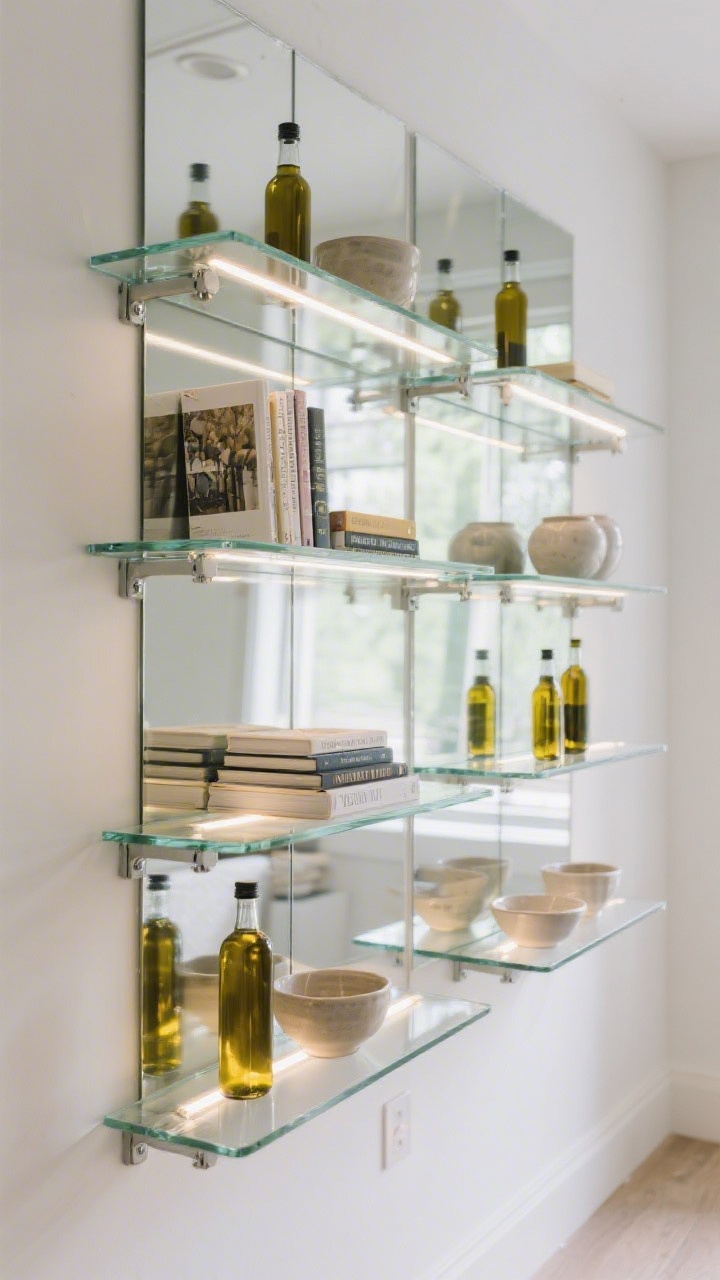 Medium shot: Open shelving display with mirror-backed panels behind floating glass shelves; styled with cookbooks, ceramics, tall olive oil bottles, and low bowls at staggered heights; subtle LED strip lights under each shelf double the brightness as they reflect; wall anchors visible as sturdy, photoreal hardware; overall bright, reflective focal point.