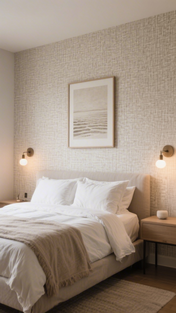 Medium shot, straight-on: Bedroom with a single statement wall behind the bed in textured, low-contrast peel-and-stick wallpaper (linen weave). Matching art and symmetrical sconces frame the wall, creating a custom look. Soft, warm bedside lighting, subtle pattern, renter-friendly vibe, photorealistic.