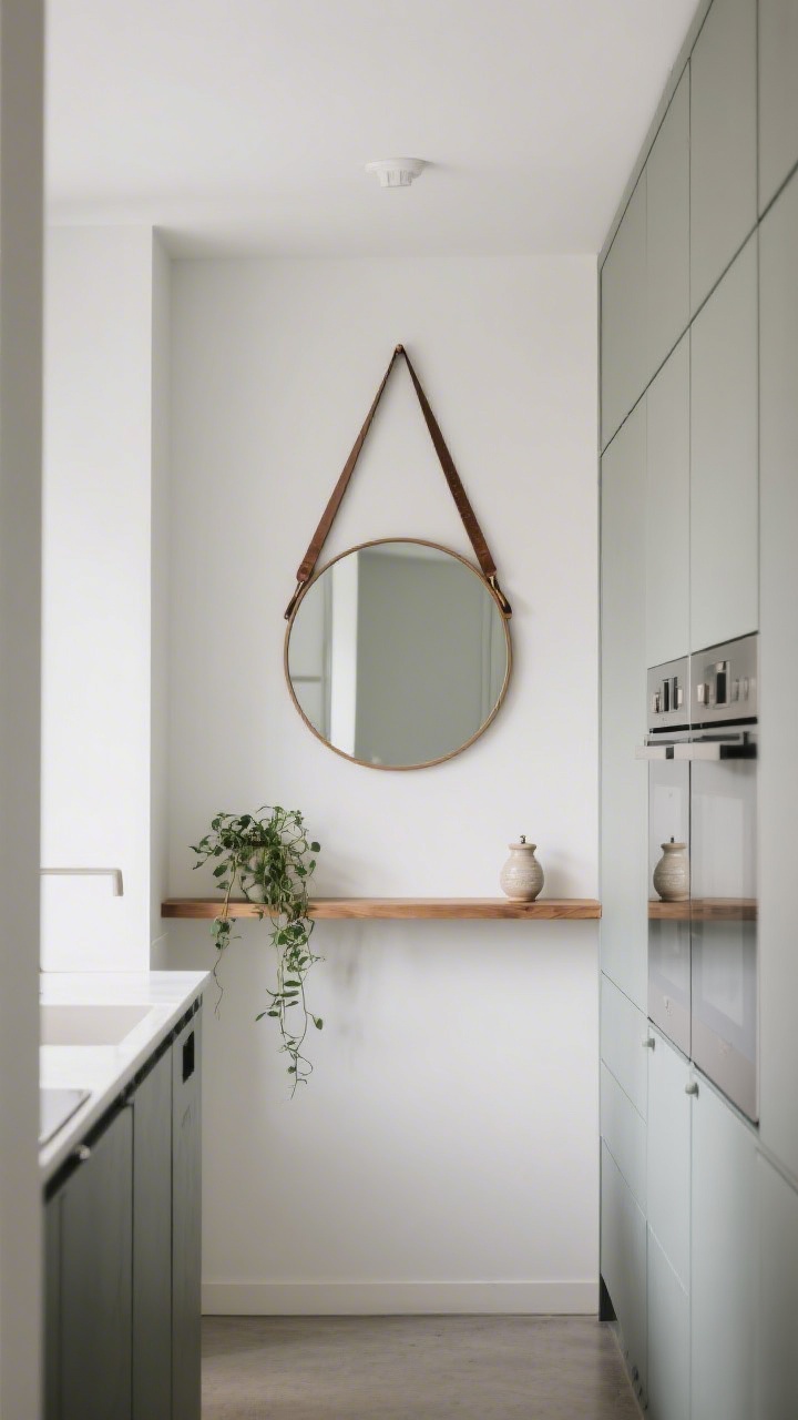 Medium shot: The end of a galley kitchen with a large 36-inch round mirror hung on a blank wall, breaking up the grid of rectangular cabinets and appliances; the mirror is suspended by a leather strap for texture, with a slim wood ledge beneath holding a small trailing plant and a ceramic salt cellar; soft daylight draws the eye forward, balanced modern-scandi mood.