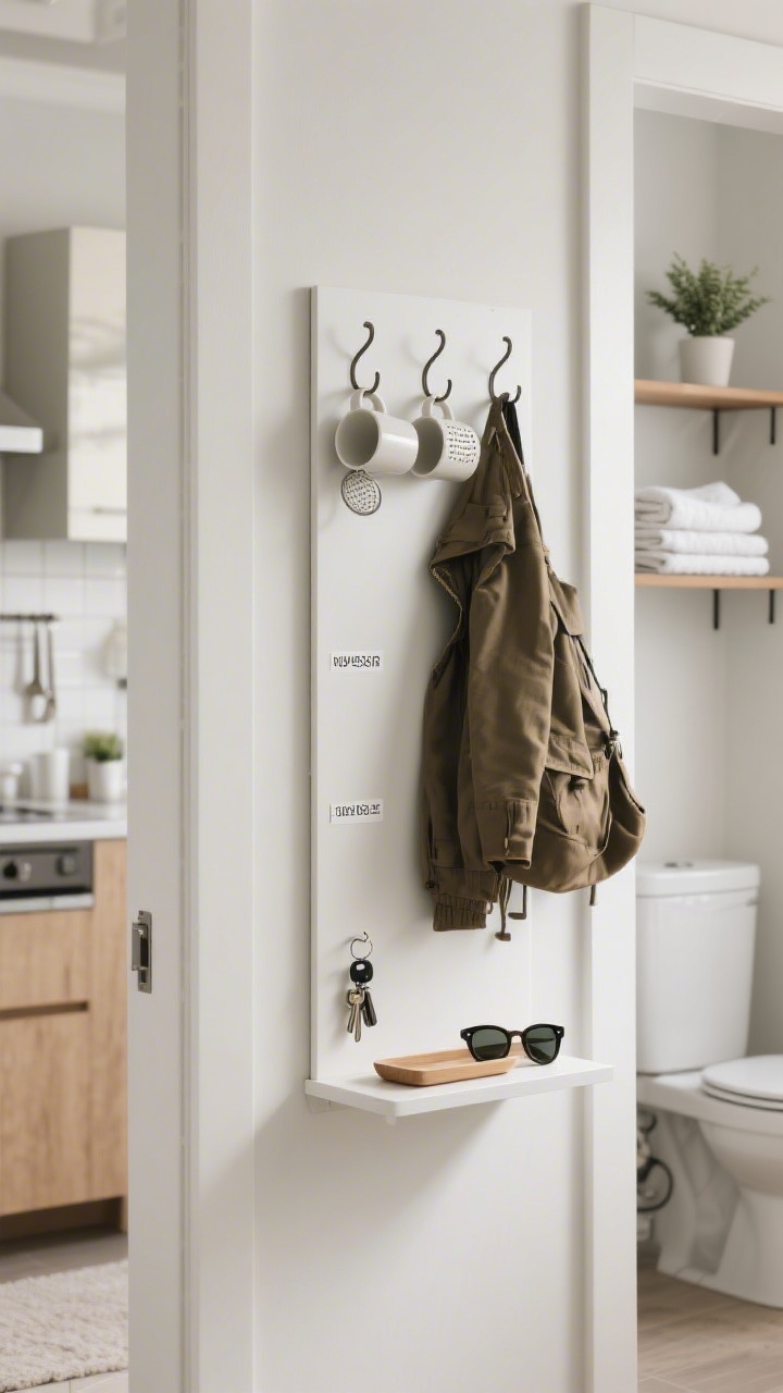 Medium shot: Vertical storage as decor near an entry—slim floating shelf with a small tray for keys, minimalist hooks for bags and jackets, and labeled sunglasses resting on the shelf. Background glimpses of kitchen rails with S-hooks holding mugs and strainers, plus over-the-toilet shelves with folded towels and a tiny plant. Clean, organized, photorealistic.