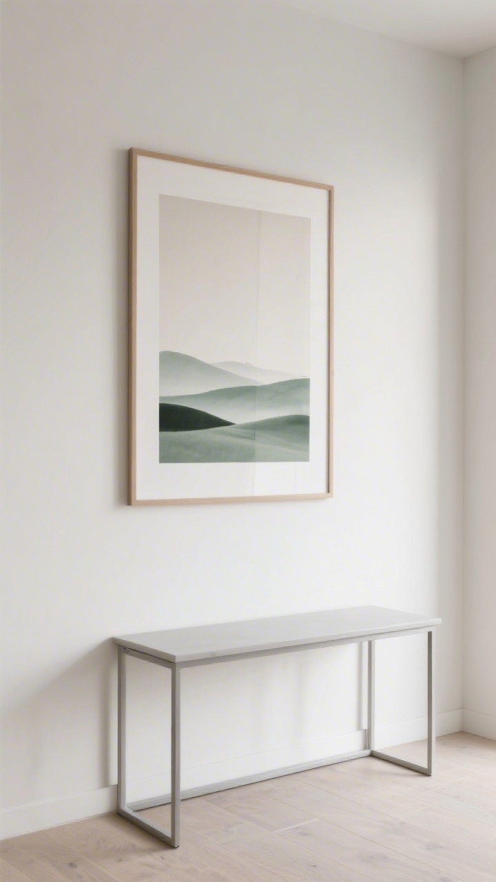Medium shot: Wall with one oversized, affordable framed print—simple neutral abstract landscape with a hint of muted sage—hung above a minimalist console. Clean metal or IKEA-style frame, no text art. Calm composition that lets the eye rest; soft daylight, photorealistic.