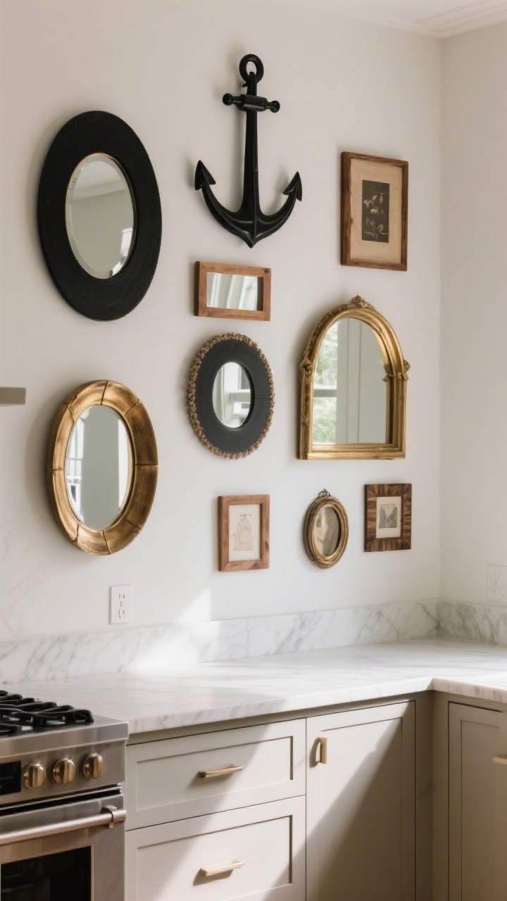 Medium-to-wide shot: A kitchen side wall styled as a mirrored gallery wall, mixing round, oval, arched, and quirky-shaped mirrors in black, wood, and brass finishes limited to two or three tones; one large anchor mirror balanced by medium and small pieces, arranged cohesively as if planned with paper templates; neutral cabinetry, subtle daylight, layered, collected feel.