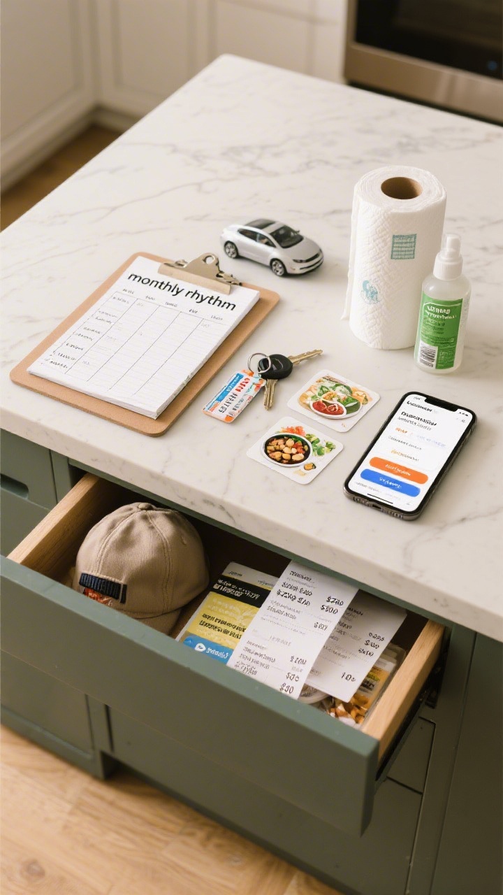 Overhead detail: A kitchen island organized with “monthly rhythm” items—a week’s grocery plan on a notepad, three meal templates cards, a transit pass next to car keys, a roll of paper towels with eco cleaners, and a phone showing active subscriptions with one highlighted for cancellation. Include receipts showing groceries $200–$500, dining cap, transit $50–$300, supplies $25–$60, streaming $10–$