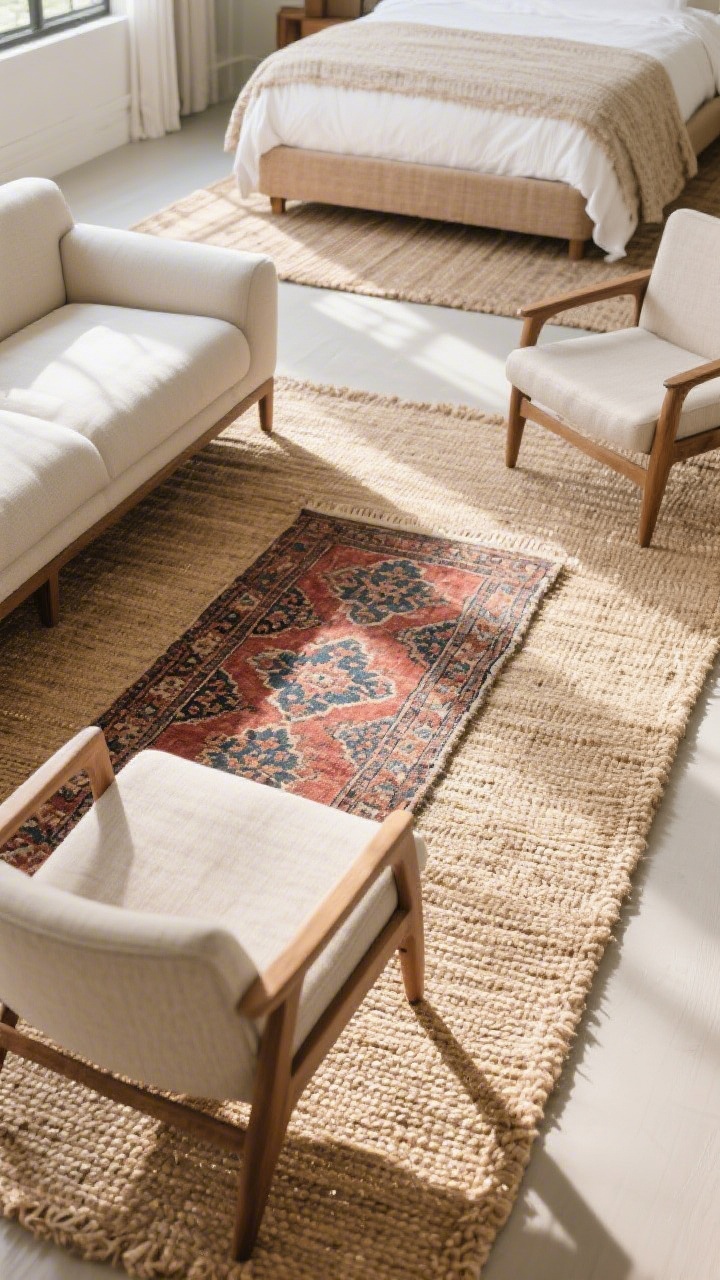 Overhead detail: A large natural jute rug layered under a smaller vintage patterned rug (muted reds and indigo), with the front legs of a sofa and two chairs clearly sitting on the rug; bedroom variation visible in background with a rug extending 24 inches beyond the bed sides; textures crisp, morning light raking across the weave.