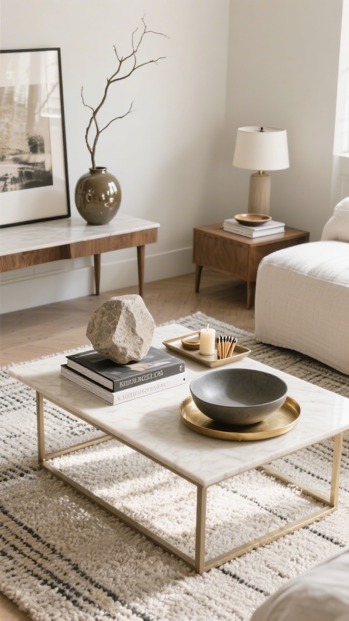 Overhead detail: A styled coffee table on a flatweave rug showing intentional negative space—one sculptural stone object, a neat stack of two large art books, and a low matte bowl on a brass-edged tray; heights varied per the Rule of Three; edges of a console in frame with a tall branch in a glossy ceramic vase, a medium lamp, and a low tray with candle and matches; nightstand glimpse with lamp + book stack + small dish; clean, edited composition with soft morning light.