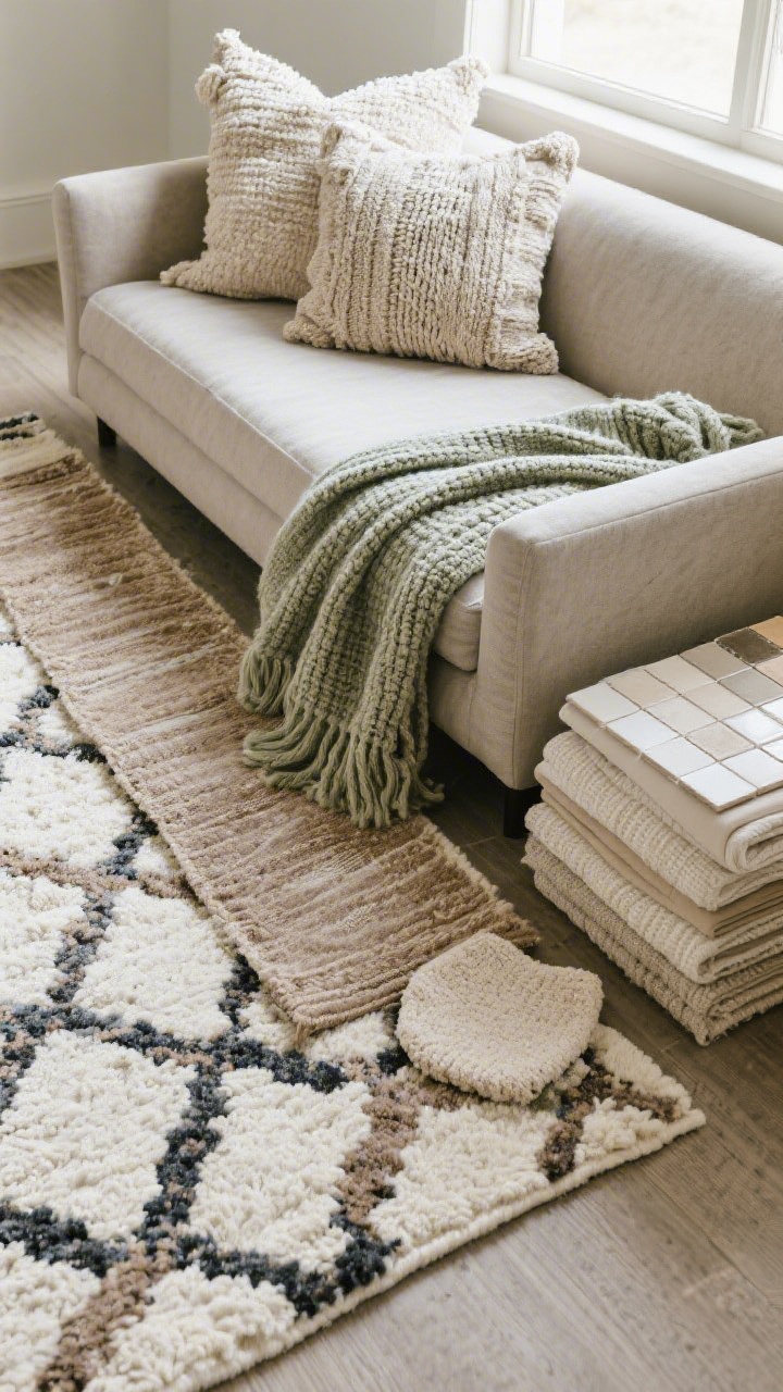 Overhead detail shot focused on the style layer: a low-pile patterned area rug (subtle geometric motif in taupe, charcoal, and cream) with a layered vintage-look runner on top, textured throw pillows in linen, bouclé, and chunky knit across a sofa corner in muted neutrals with a dusty sage accent, a folded soft knit throw draped over the arm, plush bath mat sample tile and neatly stacked neutral bedding swatches (duvet, inserts, sheets) nearby; soft natural daylight highlighting fabric weaves and pile variations