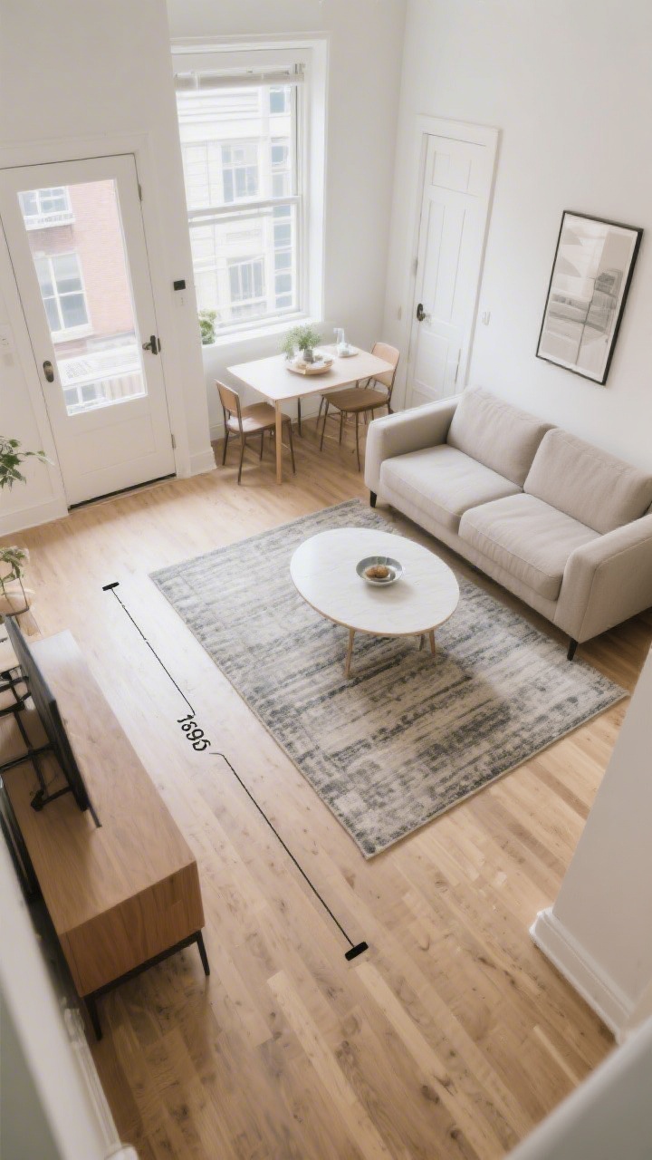 Overhead layout view: Apartment floor plan angle showing clear 30-inch pathways between a rounded-edge dining table and adjacent sofa; doors and windows unobstructed by bulky pieces; area rug zones hint at traffic flow; bright, open mood with minimal obstacles.