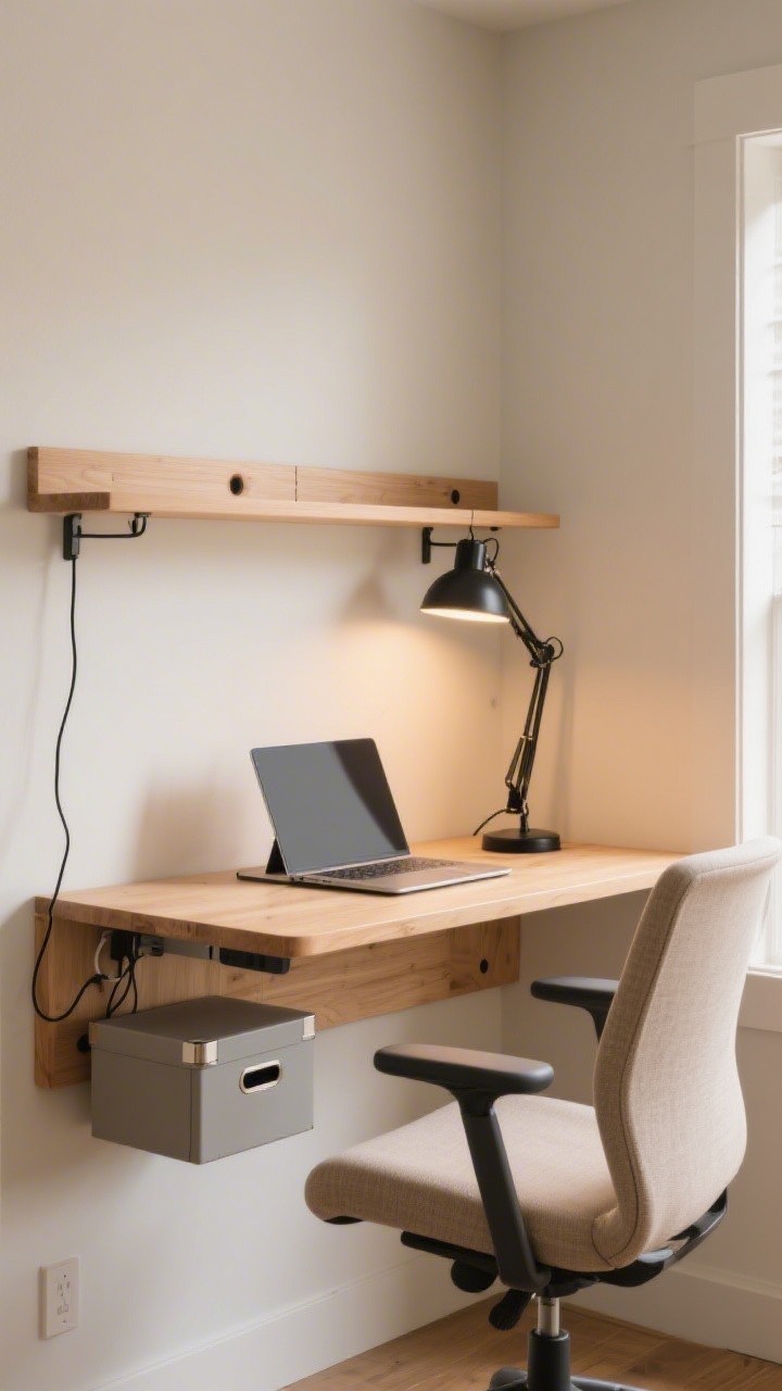 Small work-from-home nook, medium shot: a 36" wall-mounted drop desk in light oak with a cable grommet, slim cord management clips, and a matte-black task lamp casting focused warm light, an ergonomic-style chair in neutral fabric with lumbar support, a minimalist laptop stand and a slim file box tucked below; clean, uncluttered backdrop suitable for Zoom, photographed from a slight side angle with soft morning light