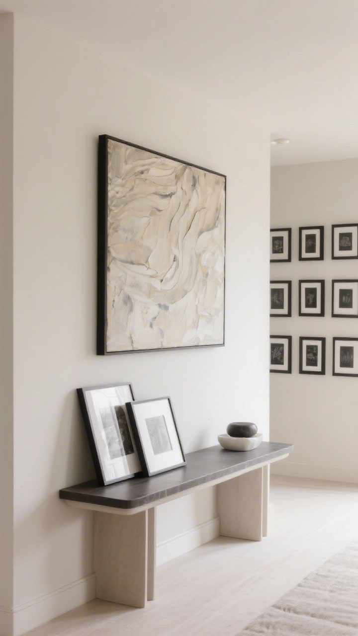 Straight-on medium shot: A single oversized art piece centered above a console on a pale wall, expanding the visual width; alternate vignette to the side shows a tight gallery grid with matching black frames and even spacing; a couple of large frames leaning casually on the console for layered height; minimal accessories to avoid visual clutter.
