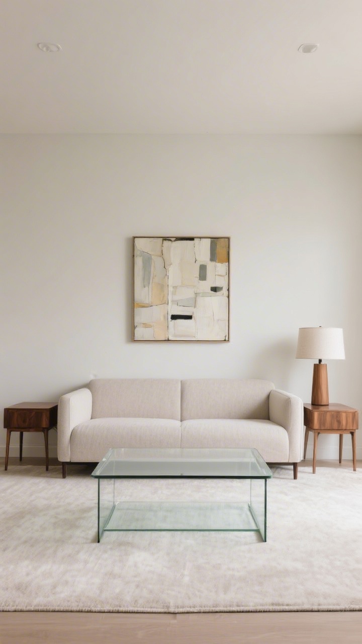 Straight-on medium shot: A slim sofa paired with an airy glass-top coffee table for matched scale; above the sofa, artwork sized to roughly 60% of the sofa width; a table lamp with the shade at seated eye level; neutral backdrop with walnut side tables and balanced proportions.