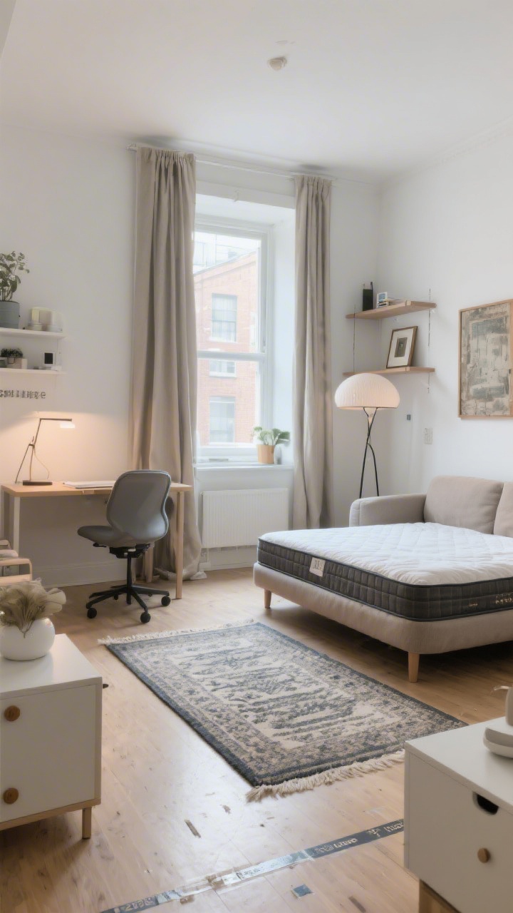 Wide, cohesive apartment scene illustrating budget tiers and strategy: the space shows essential anchors (quality sofa, supportive mattress implied in a neatly made bed across the room, ergonomic chair at a compact desk), with savvy saves like hemmed curtains, simple shelving, and thrifted-style frames; a statement rug and one sculptural light provide “splurge” moments; discreet notes of flat-pack hacks (custom knobs, added legs) and taped floor outline remnants near a corner; bright daytime light, straight-on composition conveying practical, polished 2026 small-apartment living without people